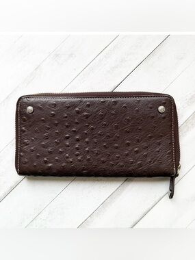 Anne Klein Genuine Ostrich Leather Zip Around Continental Wallet Brown 8"x4"